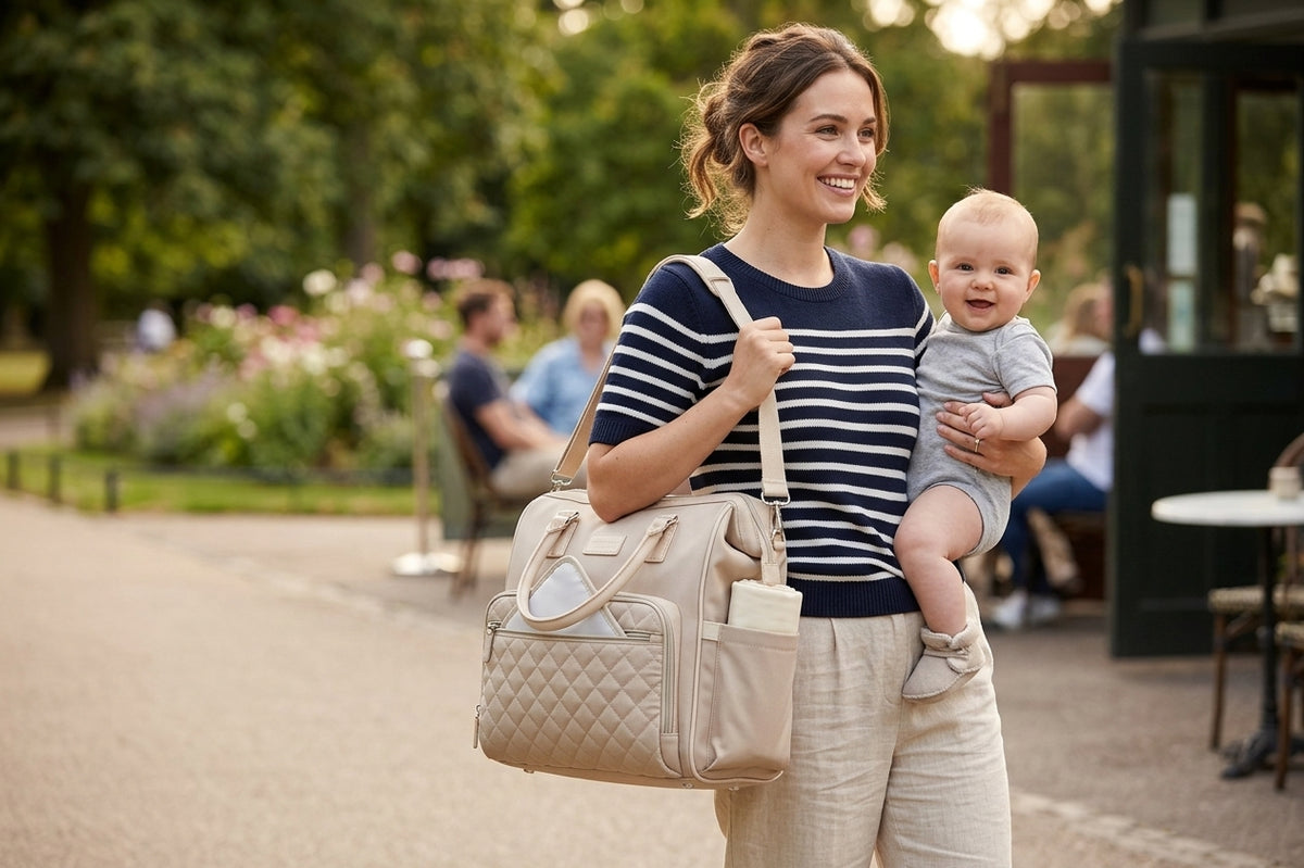 mother holding a baby care bag